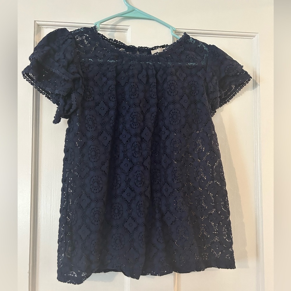 Loft XS Petite lace navy flutter sleeve top